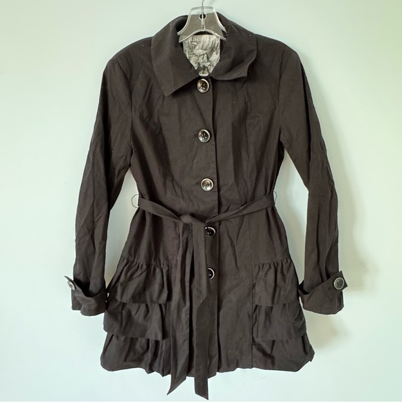 Mac & Jac Black Ruffle Hem Belted Trench Coat+Buttons Pink Liner size Large - Picture 1 of 7